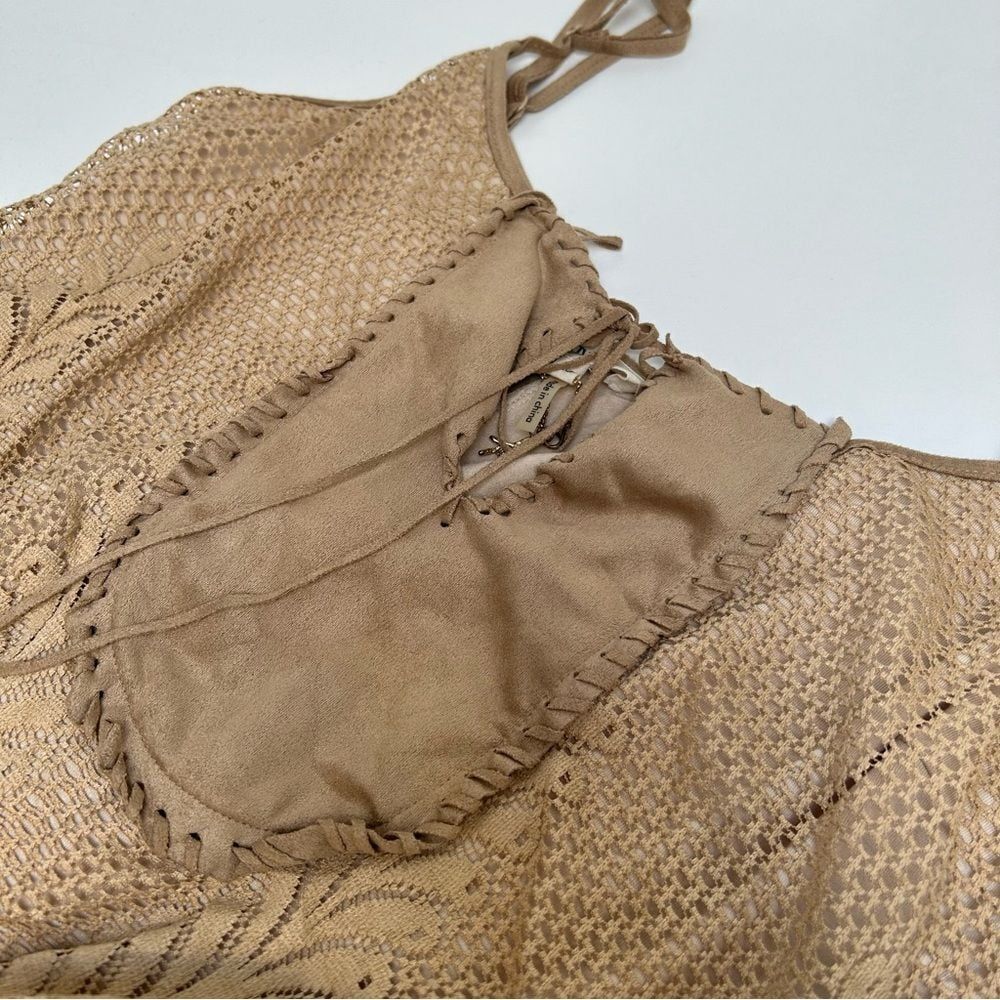 Liberty Garden Jumpsuit Tan Crochet Tie Front Scalloped‎ Hem Polyester size XS